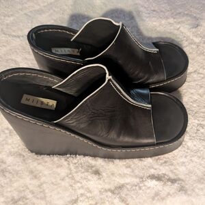 Miista Black Leather Wedges with Open Toe Design